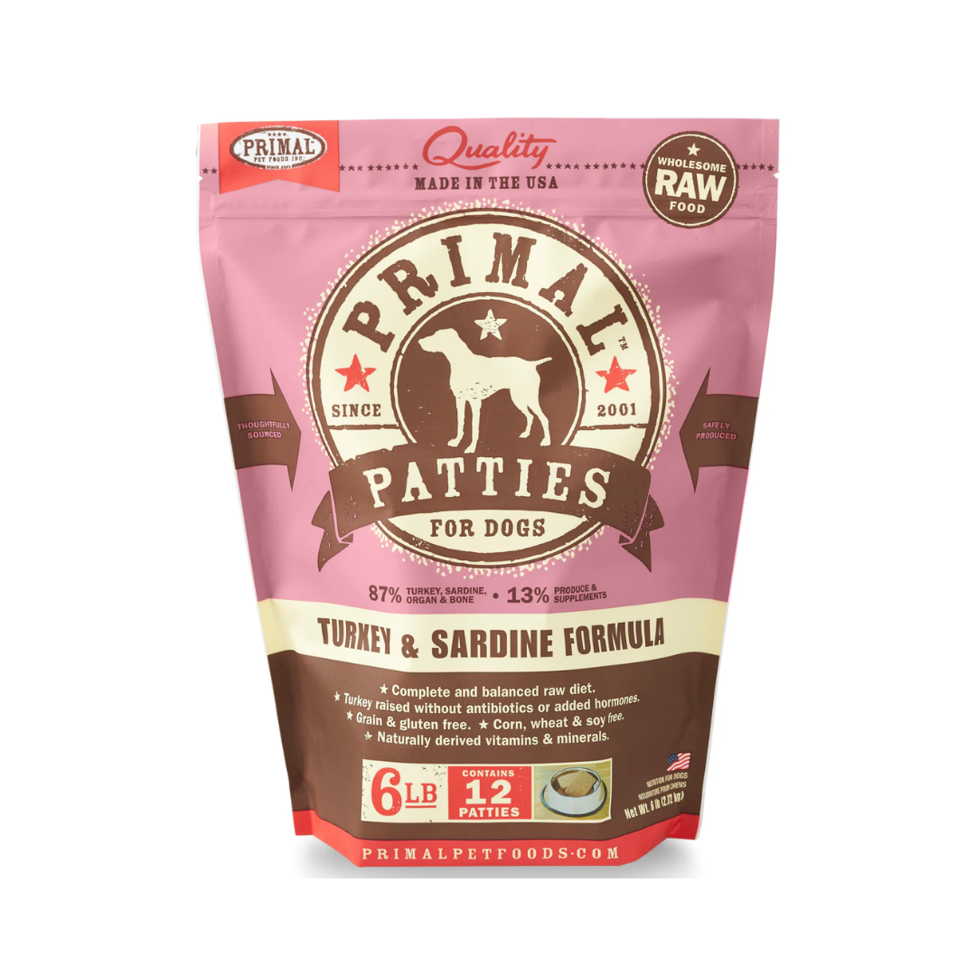 Primal Frozen Dog Food - Canine Raw Frozen Patties Turkey & Sardines Formula