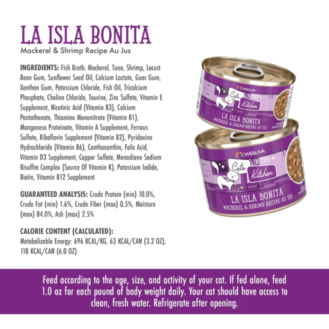 Weruva Cat Wet - Cats in the Kitchen La Isla Bonita Mackerel and Shrimp Recipe Au Jus Canned 