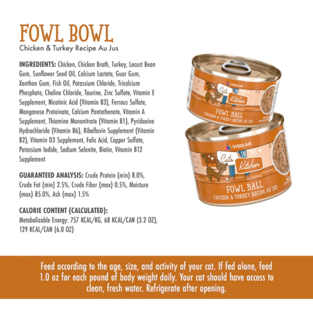 Weruva Wet Cat Food - Cats in the Kitchen Fowl Ball Chicken and Turkey Recipe Au Jus Canned 