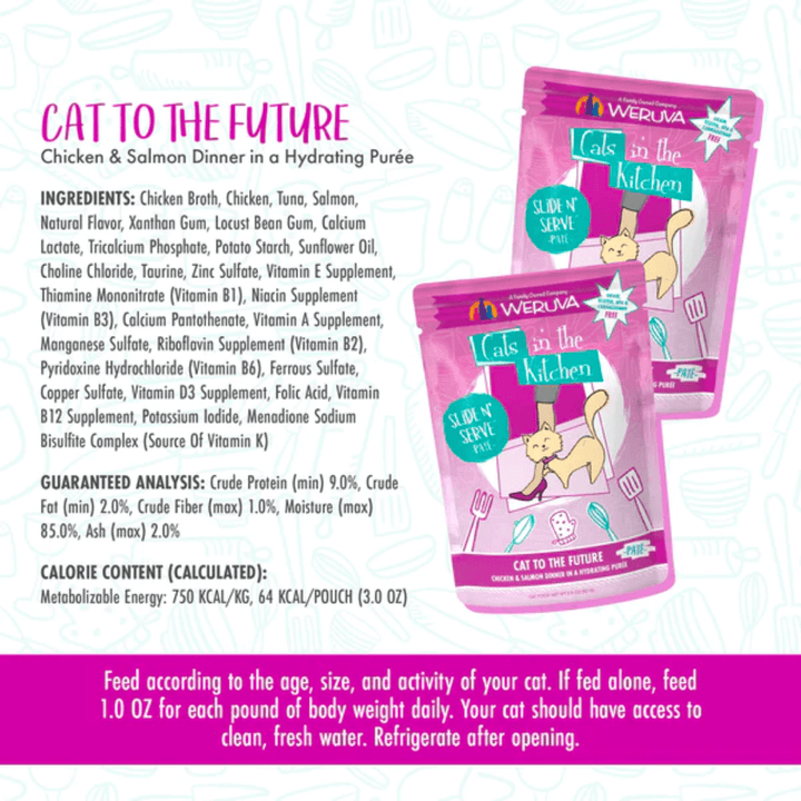 Weruva Wet Cat Food - Cats in the Kitchen Paté  Cat to The Future Chicken & Salmon Dinner in a Hydrating Purée Pouch 