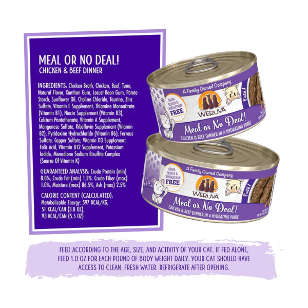 Weruva Wet Cat Food - Weruva Cat Paté  Meal or No Deal! Chicken & Beef Dinner in a Hydrating Purée Canned 