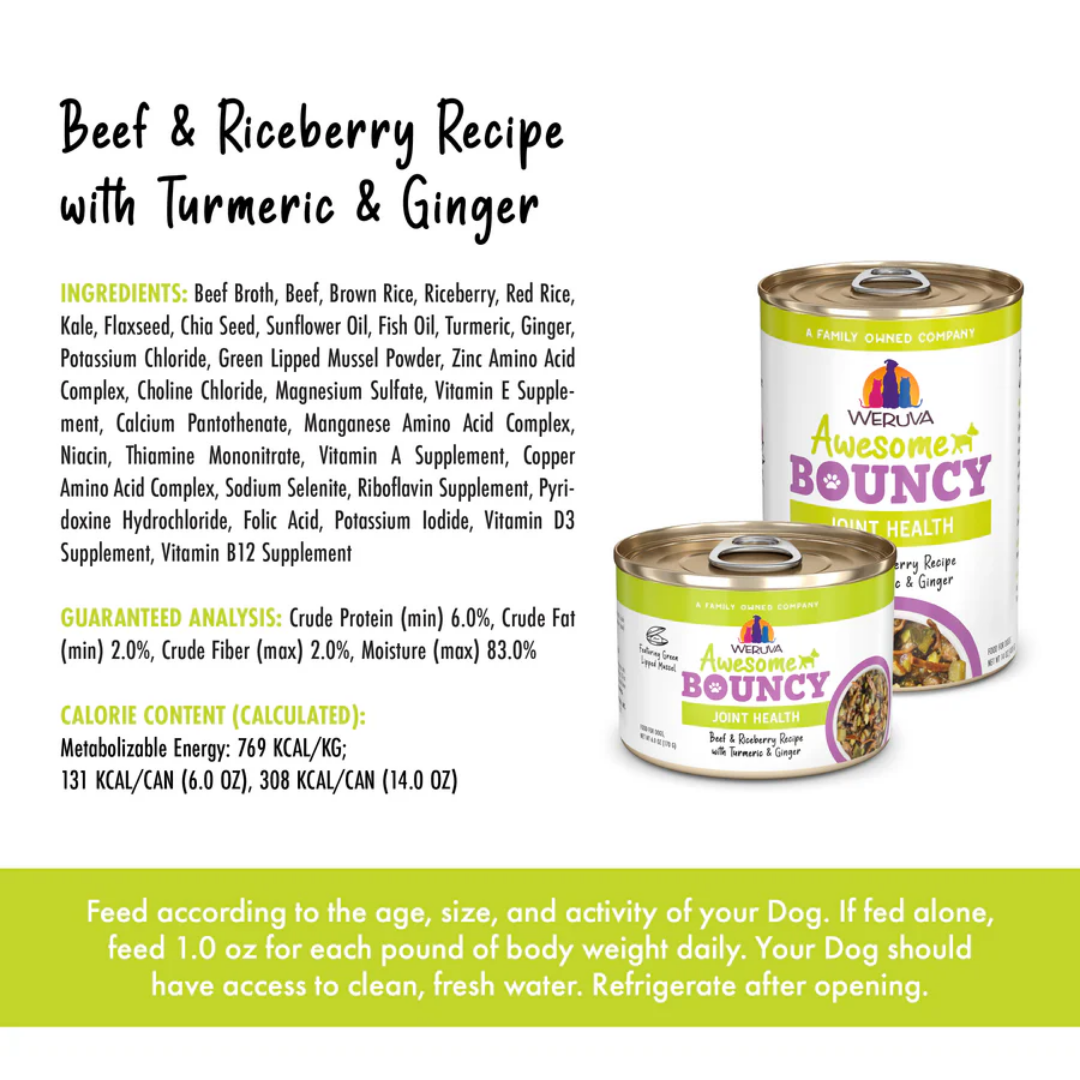 Weruva Wet Dog Food - Awesome Bouncy Beef & Riceberry Recipe with Turmeric & Ginger In Broth Canned