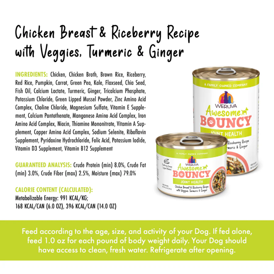 Weruva Wet Dog Food - Awesome Bouncy Chicken Breast & Riceberry Recipe with Veggies, Turmeric & Ginger In Broth Canned