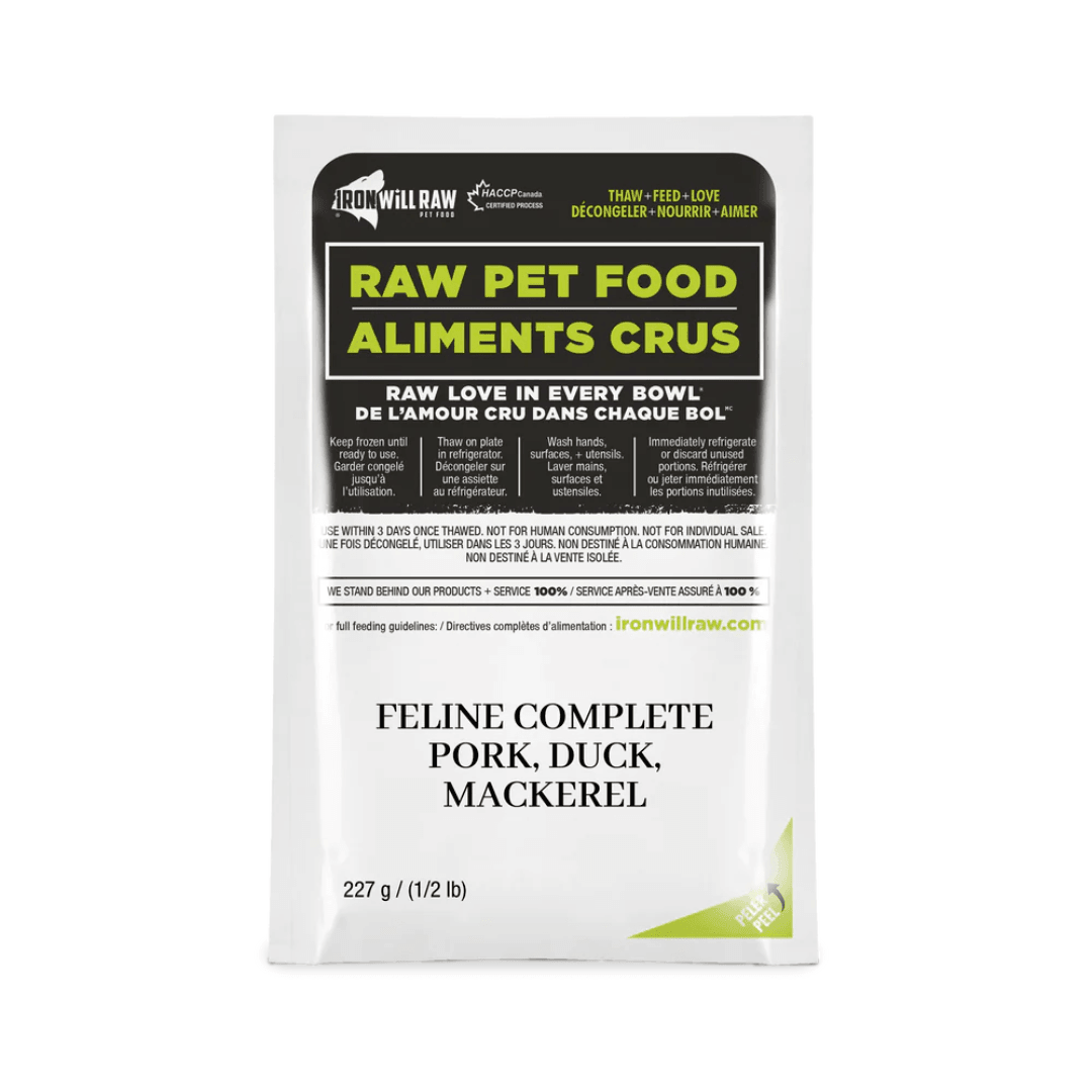 Iron Will Raw Frozen Cat Food - Feline Complete Pork, Duck & Mackerel Dinner - Toronto Pets