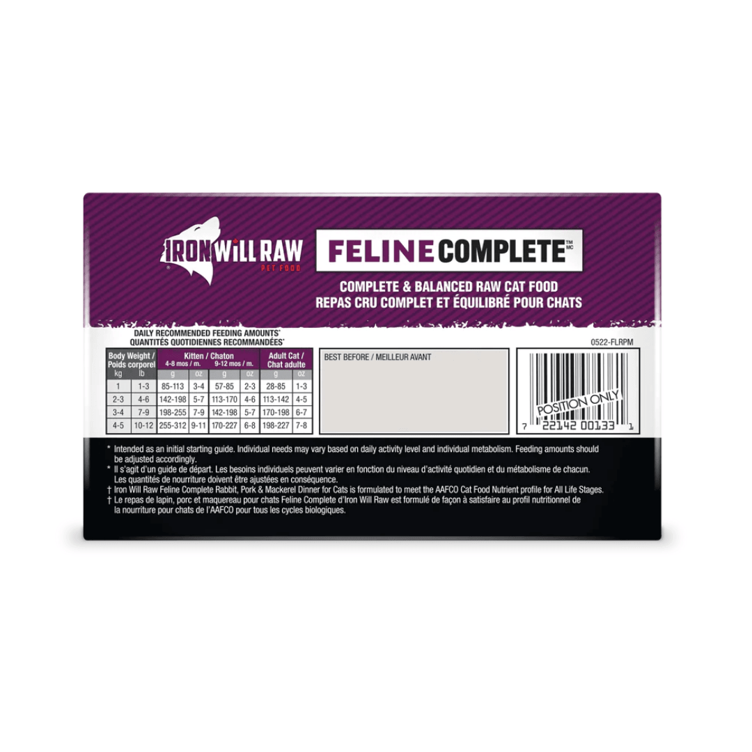 Iron Will Raw Frozen Cat Food - Feline Complete Rabbit, Pork & Mackerel Dinner - Toronto Pets