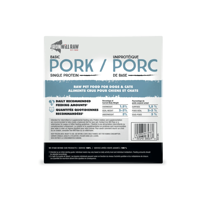 Iron Will Raw Frozen Dog and Cat Food - Dog & Cats Basic Pork - Toronto Pets